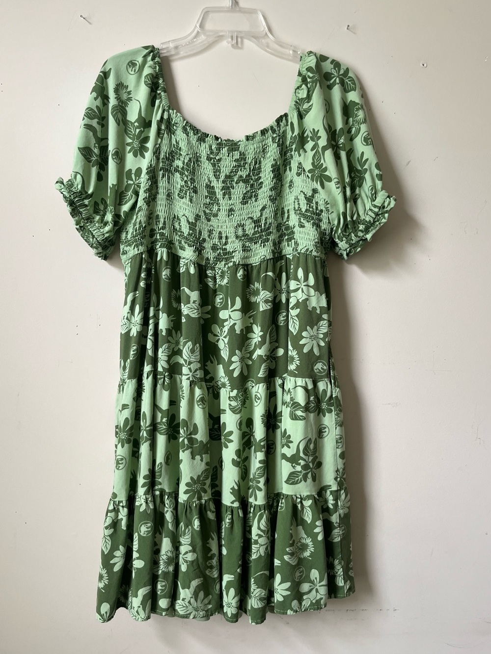 Jurassic Park Smocked Tiered Dress in Green Tropical Print with Velociraptors - Picture 3 of 7
